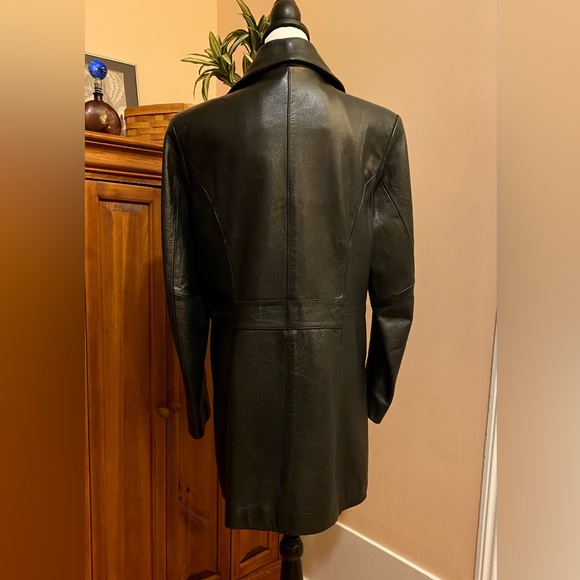 SOLD Express Double Breasted Black Leather Pea Trench Coat Vintage - Picture 4 of 10